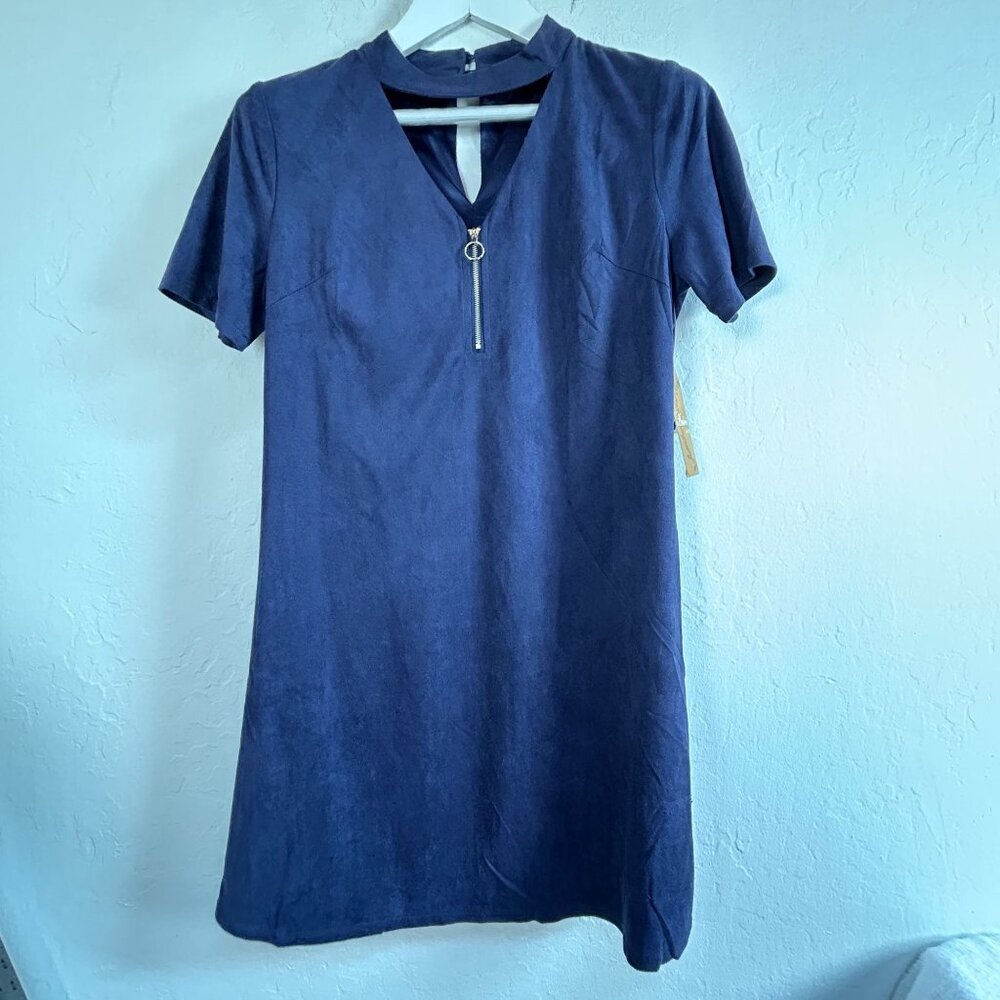Andrée By Unit Womens Keyhole Neck Mini Shift Dress Medium Navy Zip Detail New